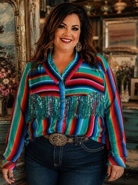L&B Teal Multicolor Striped Sequin Fringe Silk Shirt